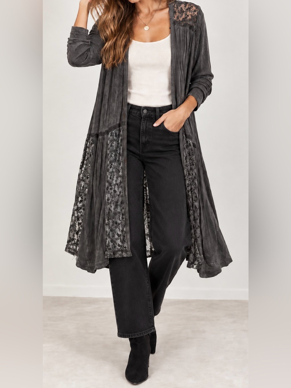 POL Charcoal Gray Lace Trim Open Lightweight Duster - Size M